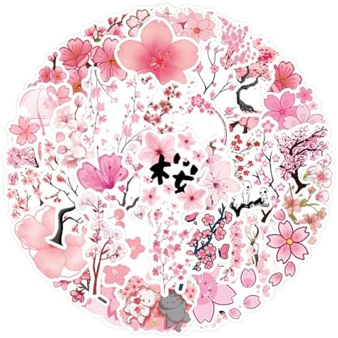 55PCs Sakura Stickers,Suitable for Phone Cases, laptops, Water Bottles, scrapbooks, Decorations, Durable Party Supply Decals as Gifts(Colourful-K4)