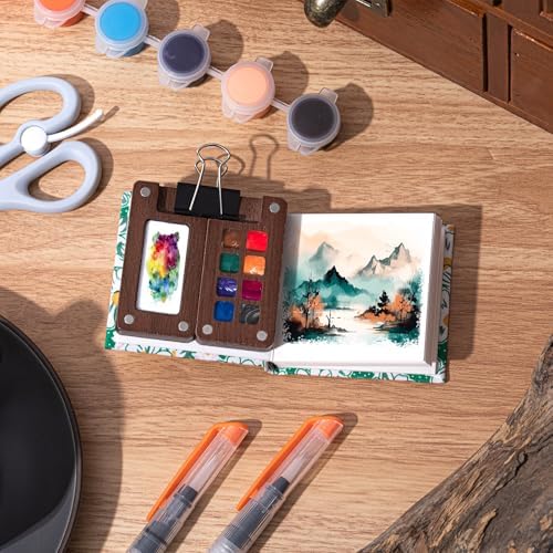 Qilery Mini Portable Watercolor Palette Set Wooden Grid Paint Box Watercolor Paper Sketch Book Brush Pens with Binder Clip for Painters Artist Not Include Paint(Mountain Chrysanthemum)