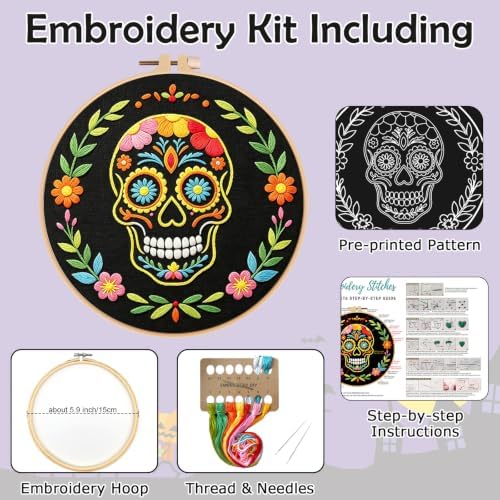 Nuberlic Sugar Skull Embroidery Kit for Beginners Adults Stamped Needlework