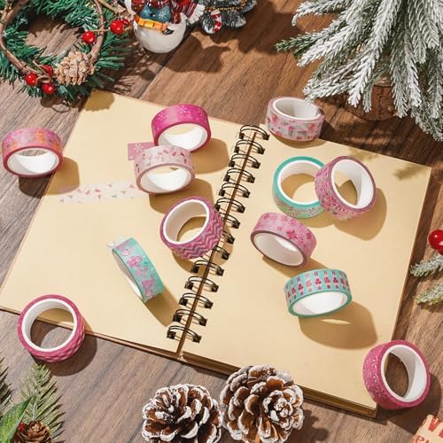 Whaline 12 Rolls Christmas Washi Tape Masking Tape Set Pink Candy Cane Gingerbread Man Decorative Wrapping Paper Tapes for Xmas Scrapbook Journal DIY Art Crafts
