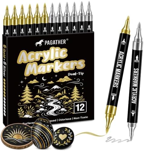Pagather Gold and Silver Acrylic Paint Markers, 12 Dual Tip with Fine Tip and Brush Tip Pens for Fabric, Stone, Wood, Canvas, Ceramic, Metal, Glass, Rock Painting, DIY Crafts