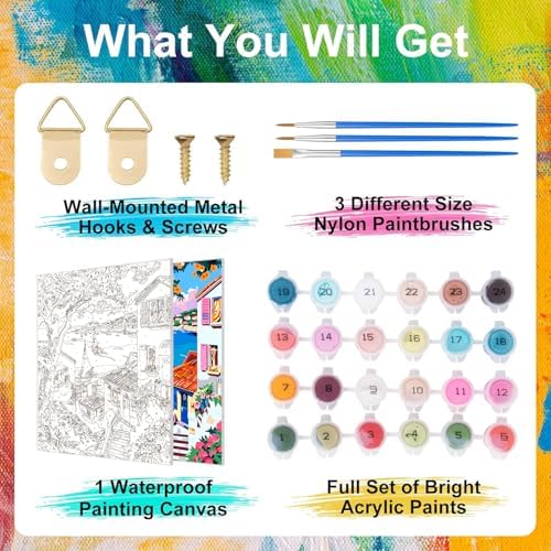 ZTOTZ Paint by Numbers kit for Adults Village, Paint by Number Canvas with Pink Flower, Italy Paint by Color for Adults for Christams Home Decor (16x20inch)