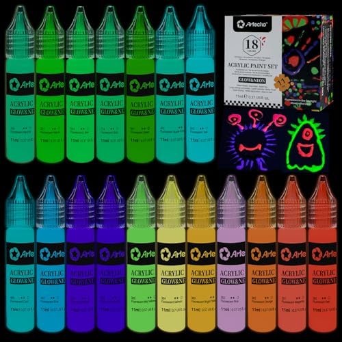 Artecho Glow in the Dark Acrylic Paint Set – 18 Colors x 11ml (0.37oz) | Non-Toxic Waterproof Art Supplies for Canvas Rock Wood Fabric – Rich Pigment Craft Paint for Adults & Hobbyists