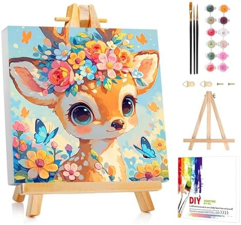 AUKELHJ Paint by Numbers Kit for Kids with Frame, Deer, 8X8 inch