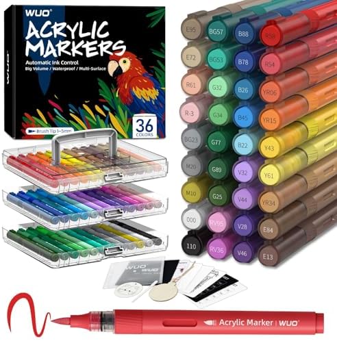 WUO Acrylic Paint Markers Brush Tip 36 Colors, Automatic Ink Control