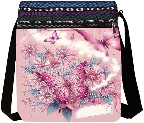 LSQFS Diamond Art Painting Crossbody Bag for Adults, Butterfly Floral DIY Diamond Art Kits for Women, PU Leather Shoulder Purse Craft Kit