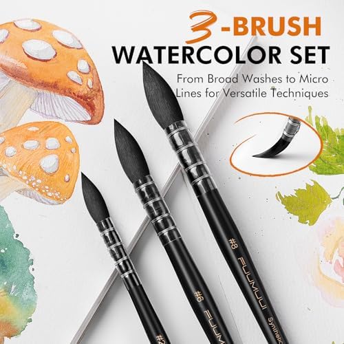 Watercolor Brushes Set, 3Pcs Fuumuui Round Quill Mop Fine Tips Watercolor Paint Brush, Soft Synthetic Squirrel Bristles, Short Handles for Watercolor Gouache Ink Painting - Sizes #2 6 8