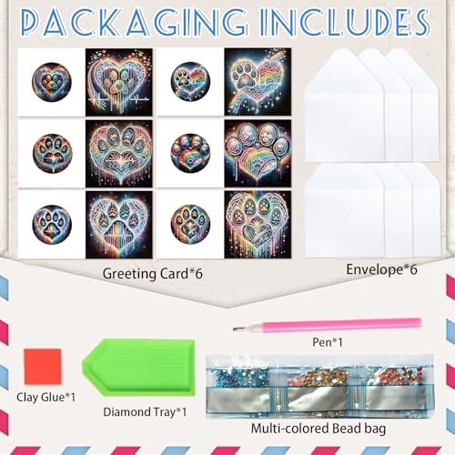 6 Pack Diamond Painting Greeting Cards with Envelopes, DIY 5D Diamond Art Card Kit Colorful Artistic Paw Designs, 30x15cm Handmade Rhinestone Cards Crafts for Pet Lovers and Creative Greetings