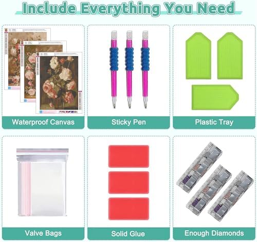 WNPOKN 3Pcs Vintage Vase Flowers Diamond Art Kits for Adults 12 x 16inch
