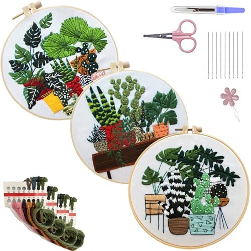 SCECALA 3 Pack Plant Embroidery Kit for Beginners - Green Plant Potted with Embroidery Pattern, Hoop, Complete Cross Stitch Supplies (Needle/Threads/Scissors) DIY Craft for Adults Sewing Hobby