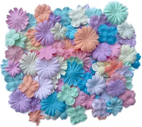 100 Pcs Handmade Mixed Mulberry Paper Flowers 30 mm - 1.5 Inch Scrapbooking Wedding DIY Craft Supplies Card. (Mixed Flowers Pastels)