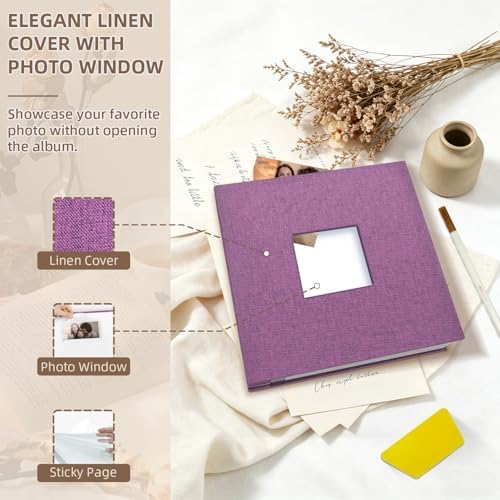 Popotop Photo Album Self Adhesive with Picture Display Window,60 Pages DIY Scrapbooking Supplies Kit for 4x6 10x12 Picture,Linen Cover Memory Book for Baby Wedding, with Scraper and Metallic Pen