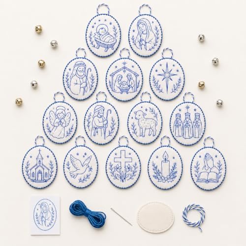 Beginner-Friendly DIY Heirloom Oval Embroidery Ornament Kit Collection, Christmas Embroidery Kit, Threads & Tools, Complete Craft Kits for Adults, Xmas Tree Hanging Decor (Nativity)