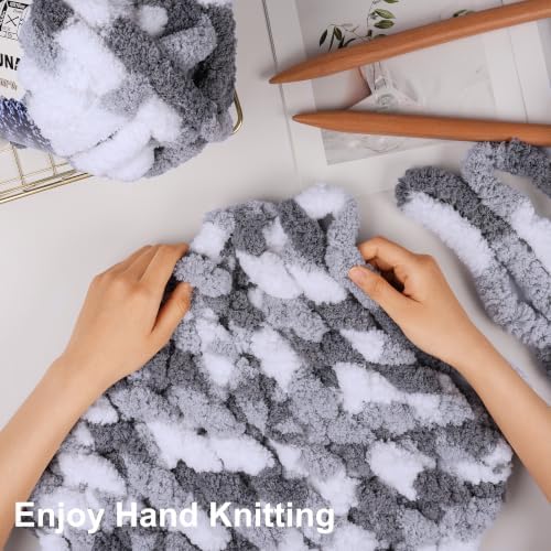 Chunky Yarn for Hand Knitting, #10 Chunky Blanket Chenille Yarn, Large Bulky Thick Jumbo Yarn, Super Chunky Knit Yarn for Crocheting, 8 Skein (8oz,20yds Each Skein), Tie Dye Multi Grey&White