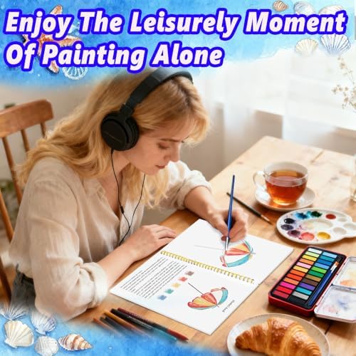 Watercolor Workbook - Coloring Book Beginner Friendly Painting Kit, Watercolor Workbooks for Adults with 24 Colors Paint, Exploration Gift for Adults Teens (Seaside)