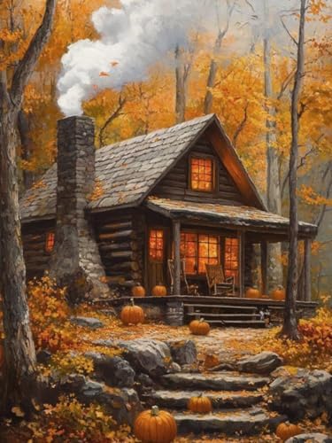 MIRCVSH Autumn Diamond Art Kits for Adults,5D Round Drill Wood Cabin Diamond Painting Kits for Adult Beginners,DIY Full Drill Gem Art Painting Kit for Home Wall Decor 12X16 Inch.