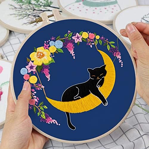 Louise Maelys Cat Moon Embroidery Kit for Beginners Floral Design
