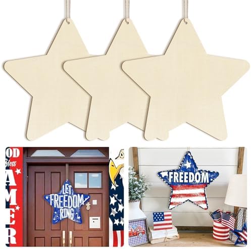 Large Size 12" Wooden Star Ornaments to Paint, Wooden DIY Blank Unfinished 4th of July Door Sign Wreath Door Hanging Sign Plaque Crafts Hanging Patriotic Day Independence Day Decorations 3PCS
