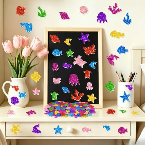 744 PCS Glitter Foam Stickers, Foam Sea Animal Stickers for Crafts,8 Colors