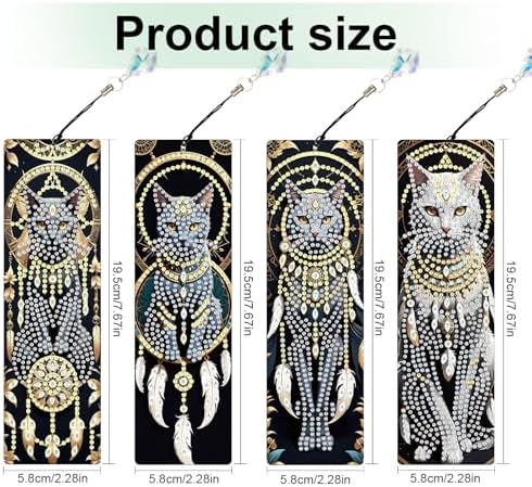 4-Piece Dreamcatcher Cat Diamond Painting Bookmarks Set for Adults – DIY 5D Rhinestone Art Bookmark Kits with Tassels, Beautiful Diamond Art Bookmarks for Crafts and Gifts