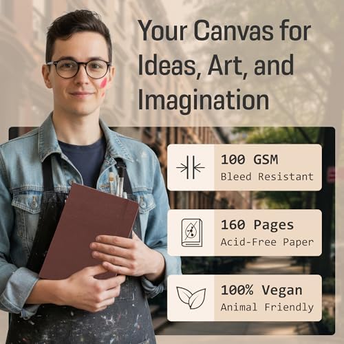 BROWNSTONE JOURNALS A5 Sketch Book Hardcover - 80 Sheets 100 GSM Paper | 5" x 8", Lay Flat, Vegan Leather Cover, Elastic Band, Back Pocket, Compact Art Drawing Book for Adults & Students