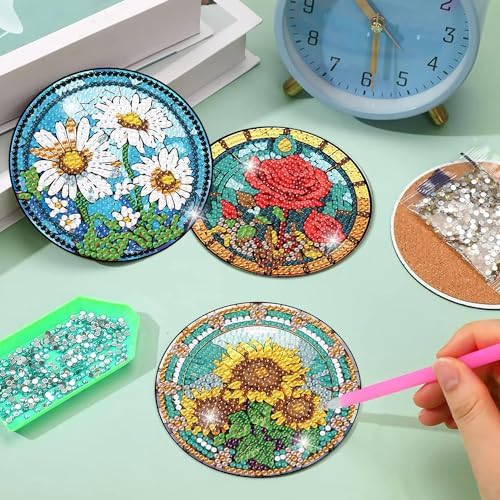 Diamond Art Coasters Kit, 8 Pieces Flowers Diamond Painting Coasters Kit