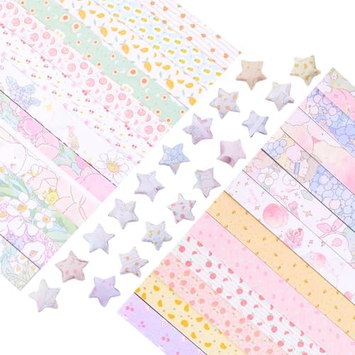 1200Pcs Colorful Origami Star Paper Strips 24 Patterns Double-sided Spring Pattern Lucky Star Paper Strips for DIY Handcrafts School Teaching