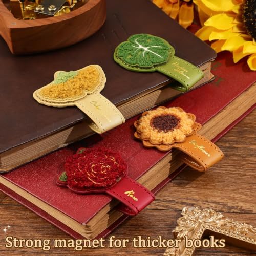 4PCS Leather Flower Magnetic Bookmarks Set，Vintage Bloom Book Markers for Reading Women & Men，Reading Accessories for Book Lovers，Readers，Adults & Kids，Unique Gifts for Festivals & Remembrance Days