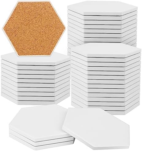 50 Pieces 3.75 Inch Hexagon Blank Ceramic Coasters, Unglazed Ceramic Tiles Coasters, Ceramic Tiles with Cork Backing Pads for Painting, DIY Crafts, Mosaics, White.by GNIEMCKIN