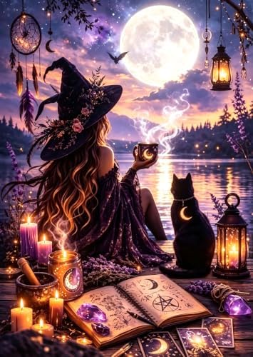 MXCFZX Halloween Witch Paint by Numbers Kits for Adults, Magical Book Painting by Numbers for Beginners with Cat, DIY Acrylic Oil Painting by Numbers for Adults for Gift Home Wall Decor(16x20inch)