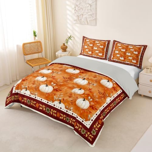 Erosebridal Fall Thanksgiving Duvet Cover Full Size Pumpkin Maple Leaves Bedding Set for Kids Boys Girls Warm Harvest Comforter Cover Fall Bedclothes Room Decor