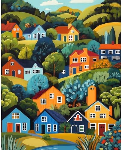 Natuyalo Mountain Paint by Number Kits for Adults - Town Landscape Paint by Numbers for Beginner, House Trees Acrylic Painting by Numbers for Home Wall Decor Gift (16x20 inch)