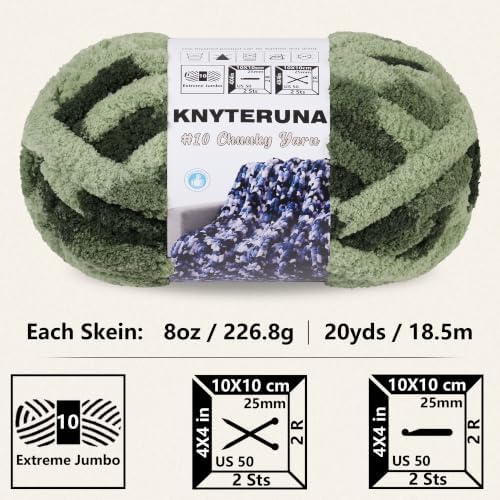 Chunky Yarn for Hand Knitting, #10 Chunky Blanket Chenille Yarn, Large Bulky Thick Jumbo Yarn, Super Chunky Knit Yarn for Crocheting, 8 Skein (8oz,20yds Each Skein), Tie Dye Forest&Sage&Mint