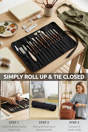 30-Slot Roll-Up Canvas Brush Holder with Lay-Flat Design, Black Brush Case