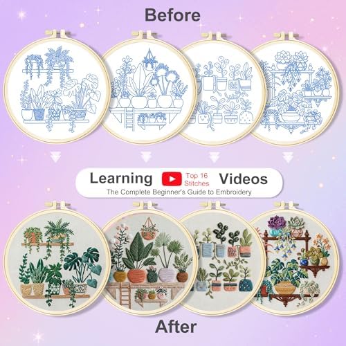 Huacan Embroidery Kit for Adults Beginners with 4 Hoops & Gift Box