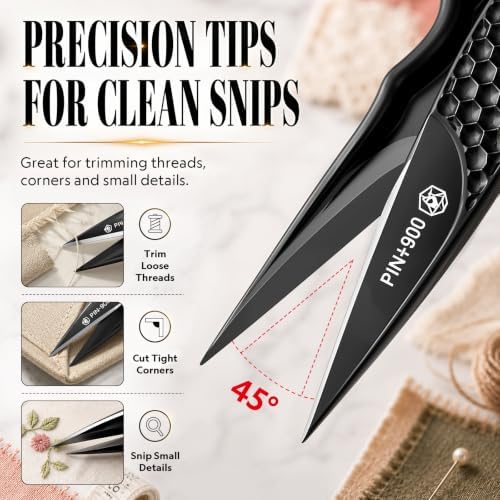 Premium Sewing Scissors, Sharp Precision Thread Snips with Stainless Steel Blades, Upgrade Small Craft Scissors with Black Hammered Handle for Embroidery, Quilting, Fabric, Leather & DIY Projects