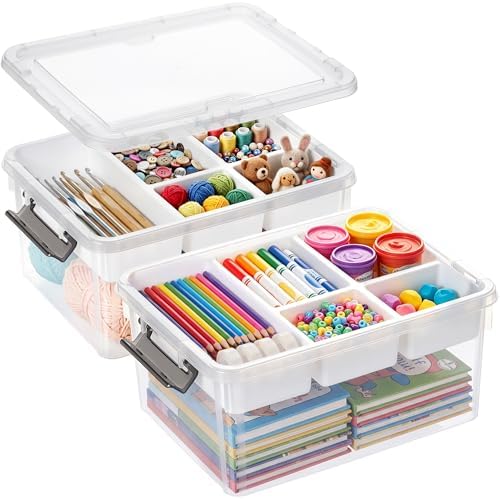 17 Qt Craft Organizers and Storage with Removable Tray and Divider, Clear Craft Storage Box, Stackable Art Supply Organizer for Painting, Coloring Book & Playdoh Storage, 2 Packs