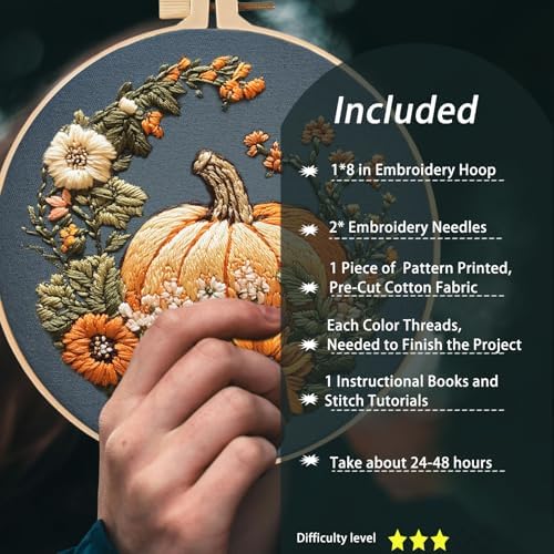 FONNUY Pumpkin Embroidery Kit for Beginners, Pre-Stamped Pattern Kits for Adults with Hoop, Easy to Follow Color Thread Needlework, 8'' Hoop (Yellow)