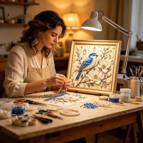 Pearl Art Kits for Adults Bird Flower DIY Beaded Embroidery Kits with Crystal Rhinestones Pearl Painting Craft Kit with Pre-Printed Canvas Handmade Home Wall Decor Gift (Blue Bird)