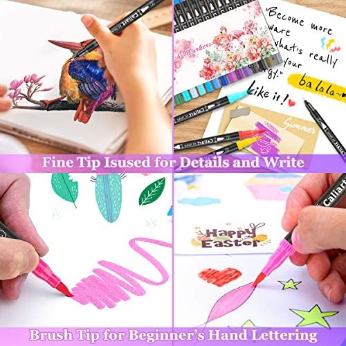 Caliart 34 Double Tip Brush Pens Art Markers for Adult Coloring Books | Artist Fine & Brush Coloring Markers for Journaling Calligraphy Hand Lettering Drawing Teacher Office Art Supplies