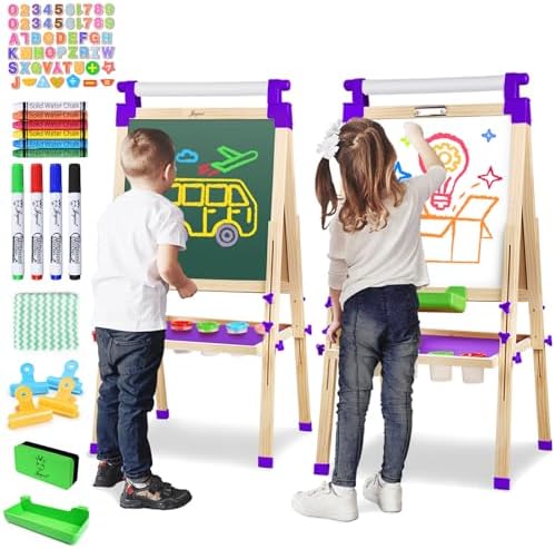 Joyooss Art Easel for Kids Easels for Toddler with Paper roll Purple | Wooden Chalkboard for Kids Adjustable Double Sided Dry Erase Board,Toddler Art Easels for Kid Ages 4-8