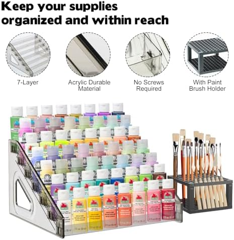 YEXEXINM 2 Pcs Clear Paint Organizer With Paint Brush Holder,7 Layers Acrylic Paint Organizer,Paint Storage Rack,Craft Paint Organizer Rack,Miniature Paint Holder for Paint Storage(Gray)