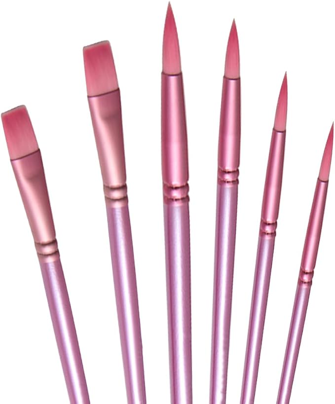Acrylic Paint Brush Set, 6 pcs Watercolor Brushes, Painting Brush Nylon Hair Brushes for All Purpose Oil Watercolor Painting Beginner Kits (6, Pink)