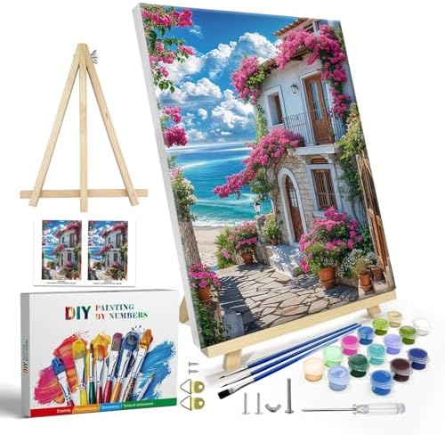 JOOZ Paint by Numbers Kit for Adults with Frame, Seaside Scene Paint by Number with Easel, DIY House Flowers Oil Painting by Numbers, Adult Paint by Number Kits Landscape for Wall Decor 8x12 Inch