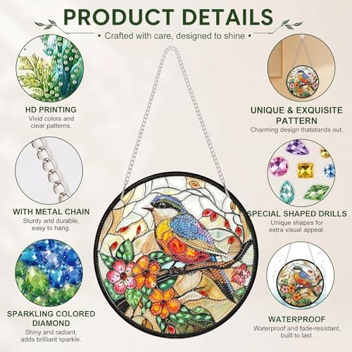 HMZephitiquc Bird Hanging Diamond Art Kits for Adults, Special Shaped Crystal Diamond Painting Suncatchers, 5D Gem Art for Adults, Sun Catchers DIY Craft Kits for Gift Home Decor