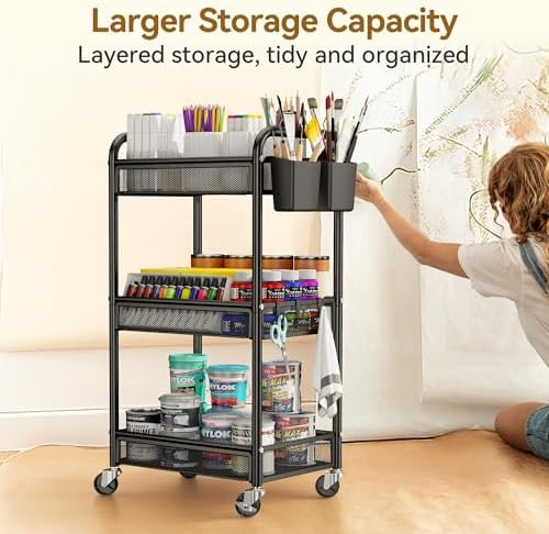 YASONIC 3 Tier Metal Rolling Cart, Black Utility Storage Cart with Wheels | Metal Mesh Craft Cart With Hooks & Hanging Cups, Ideal For Kitchen, Bathroom, Office, Dorm, Art Workspace, Bedside Storage