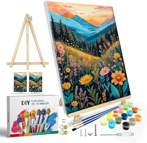 JOOZ Mountain Paint by Numbers Kit for Adults with Frame, Flowers Paint by Number with Easel, DIY Landscape Adult Paint by Number Kits Framed Canvas for Home Wall Decor 8 x 12 Inch