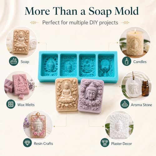Buddha Lotus Silicone Soap Mold 4 Cavity, Mandala Flower Relief Mold for Handmade Soap, Candle Making & Aromatherapy Crafts, Reusable DIY Mold for Wax, Resin, Plaster, Chocolate and Decorative Gifts