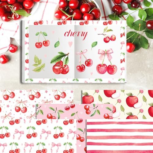 Pink Cherry Scrapbook Paper Cerise Grid Pattern Papers Pad 12×12,24 Sheets Double-Sided Spring Bobo Floral Scrapbooking CardStock Paper Pad for Holiday Cardmaking DIY Origami Papers.