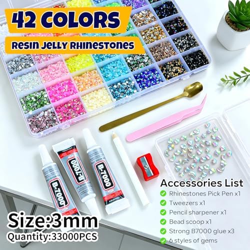 33000Pcs Bedazzling Kit, 42 Colors Resin Jelly Rhinestones 3mm Flatback Gems for Diamond Art, Crafting & Nail Art, Gift Box Bedazzler Kit with 3Pcs B7000 Jewelry Glue